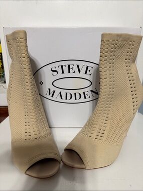 Steve Madden Beige Knit Peep-Toe Sock Booties